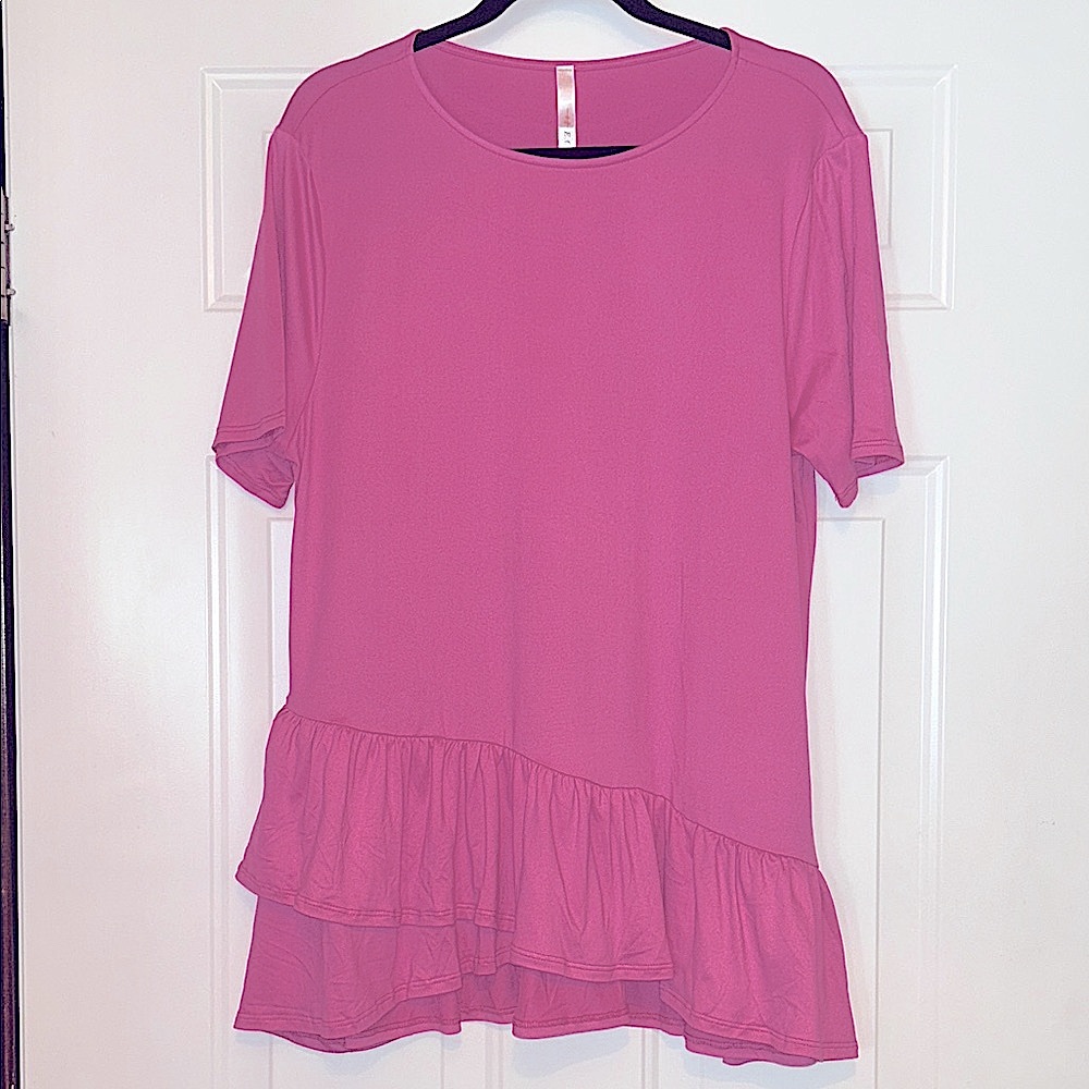 E.C. Pink Ruffle Hem Tunic Top/Dress L Barbie Pink Feminine Lagenlook Stretch